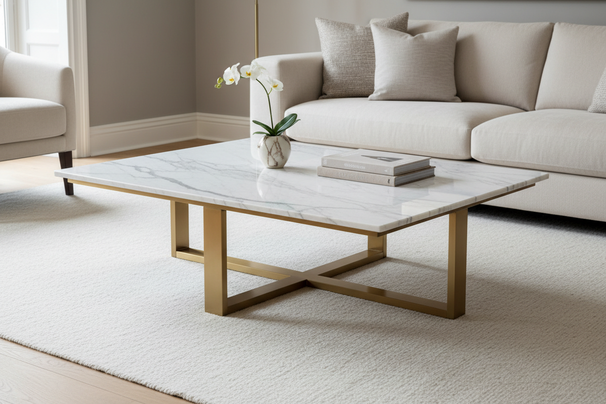 Luxurious Carrara marble and brushed brass coffee table in contemporary living room setting