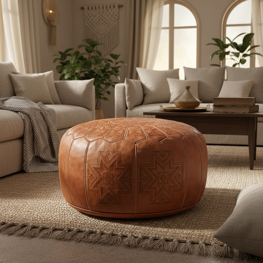 Elegant Moroccan leather pouf ottoman in cognac brown with intricate hand-tooled patterns