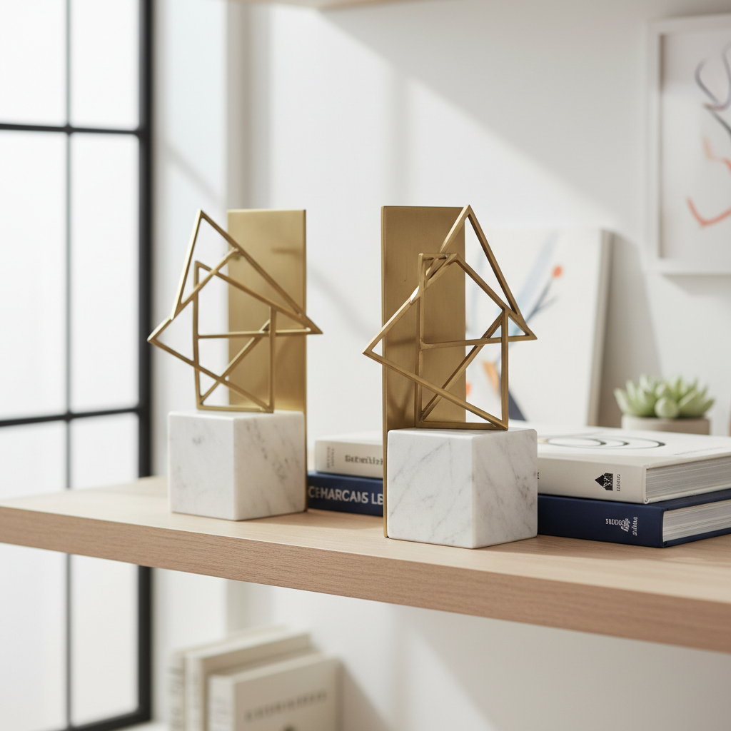 Geometric brass and marble bookends set, modern sculptural design