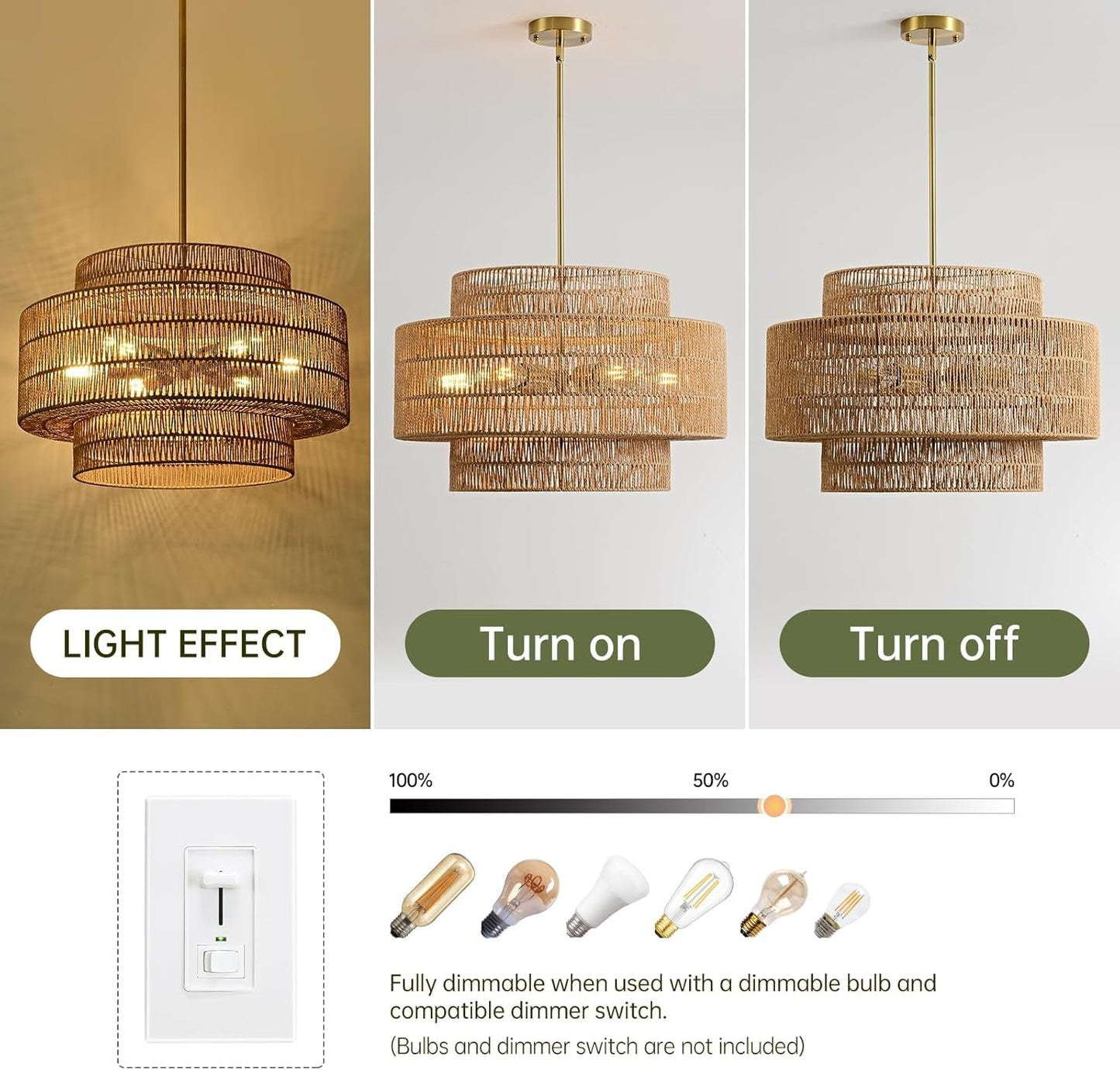 24 Inch Bohemian Handwoven Rattan Chandelier 6 Light