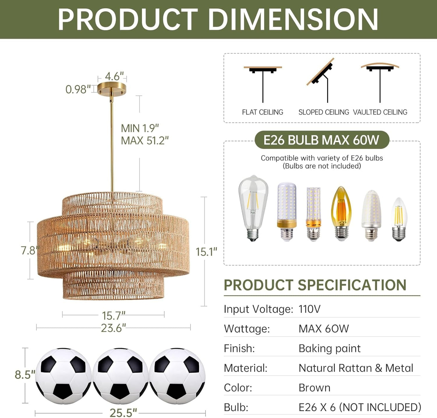 24 Inch Bohemian Handwoven Rattan Chandelier 6 Light