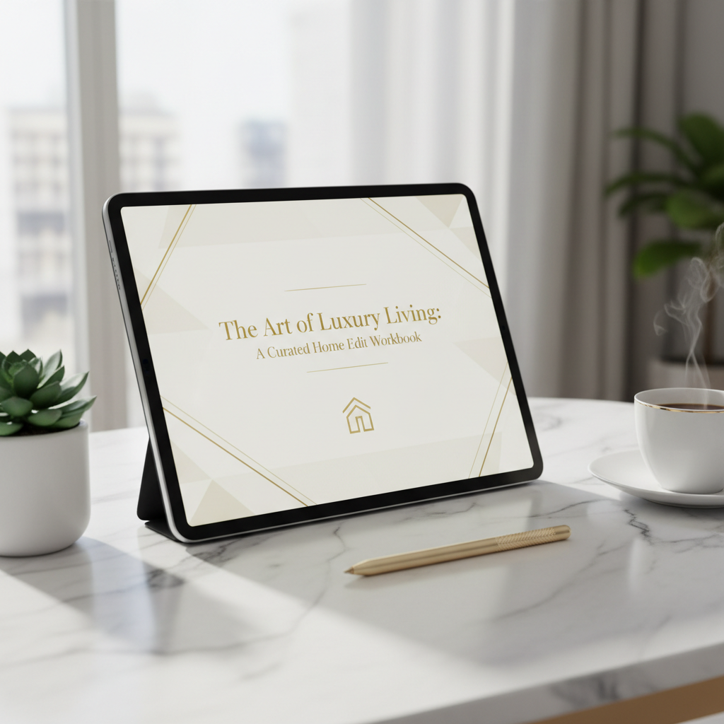 The Art of Luxury Living: A Curated Home Edit Workbook displayed on elegant iPad with gold stylus on white marble desk