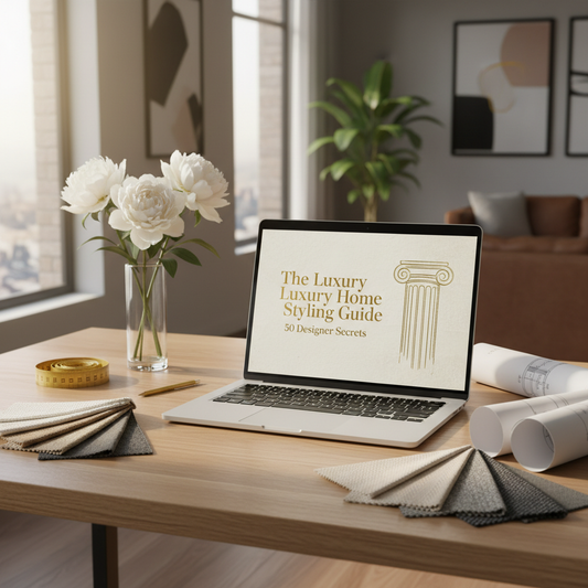 The Luxury Home Styling Guide: 50 Designer Secrets displayed on MacBook Pro in designer workspace with fabric swatches, brass measuring tape, architectural sketches, and white peonies