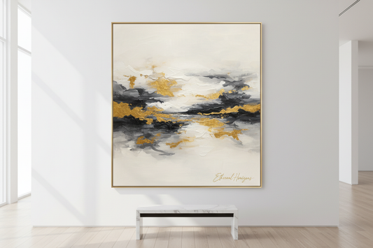 Beautiful abstract canvas art Ethereal Horizons in gold and charcoal colors