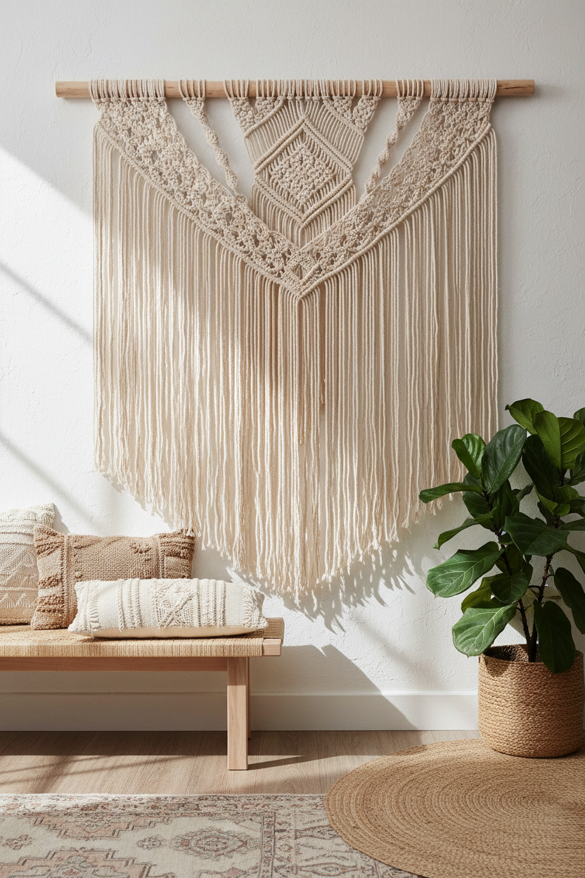 Beautiful macramé wall hanging in natural cotton with intricate knotwork patterns and fringe