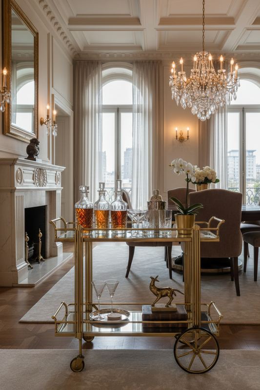 Stunning Art Deco brass bar cart with two tiers and mirrored shelves