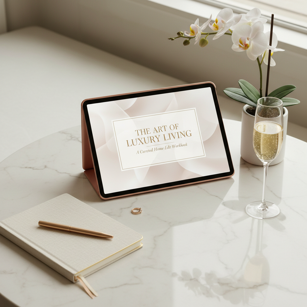The Art of Luxury Living Workbook displayed on rose gold iPad with curated luxury items including linen notebook, brass pen, white orchid, and champagne on ivory marble
