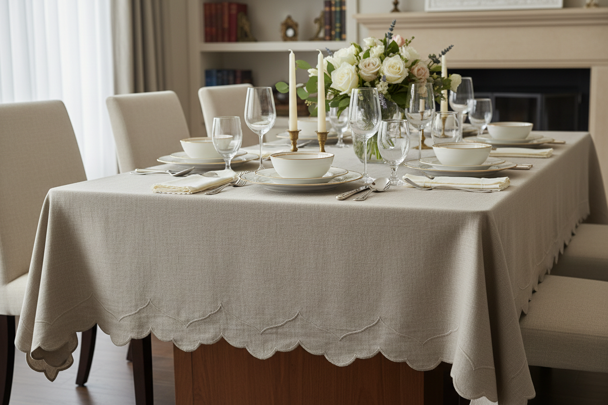Luxurious scalloped edge linen tablecloth in natural oatmeal color with elegant hem detail