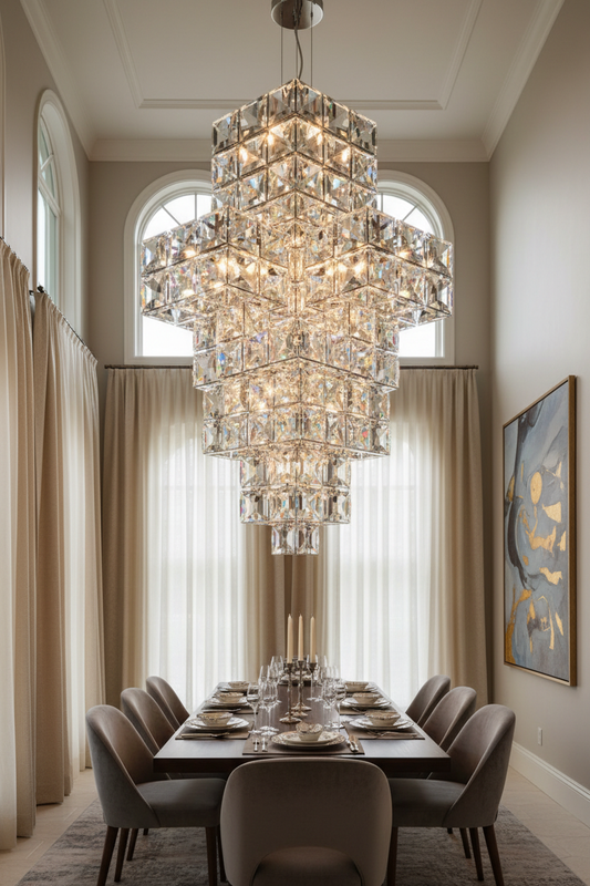 Stunning cascading crystal chandelier with modern geometric design creating brilliant light reflections