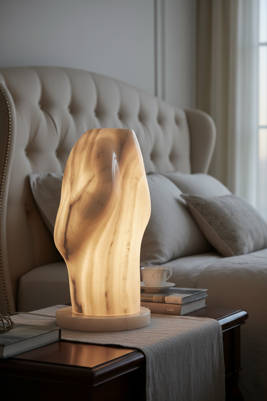 Beautiful alabaster stone table lamp with organic sculptural base and warm ambient glow