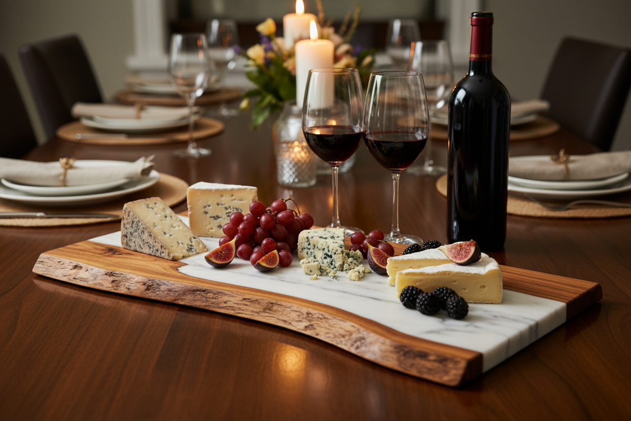 Elegant marble and acacia wood serving board with live edge design
